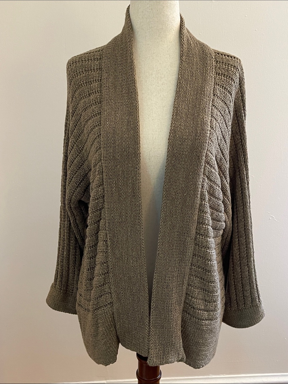 August Silk XL Taupe Open Knit Cardigan Draped Shawl Collar 3/4 Sleeve